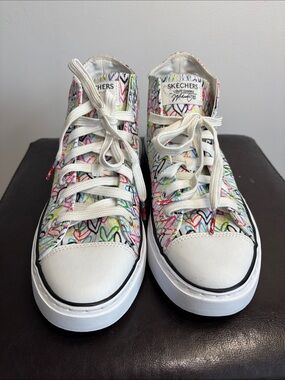 Skechers White Multi-Color Heart Print High-Top Sneakers